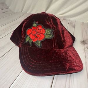 Dark Red velvet baseball cap with rose